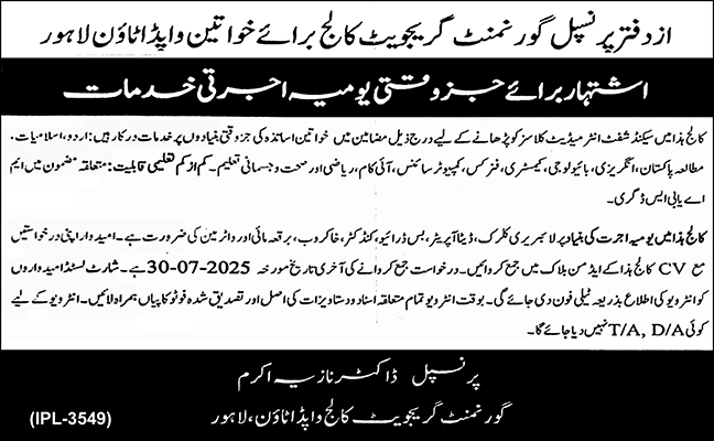 Jobs in Govt Graduate College for Women Lahore